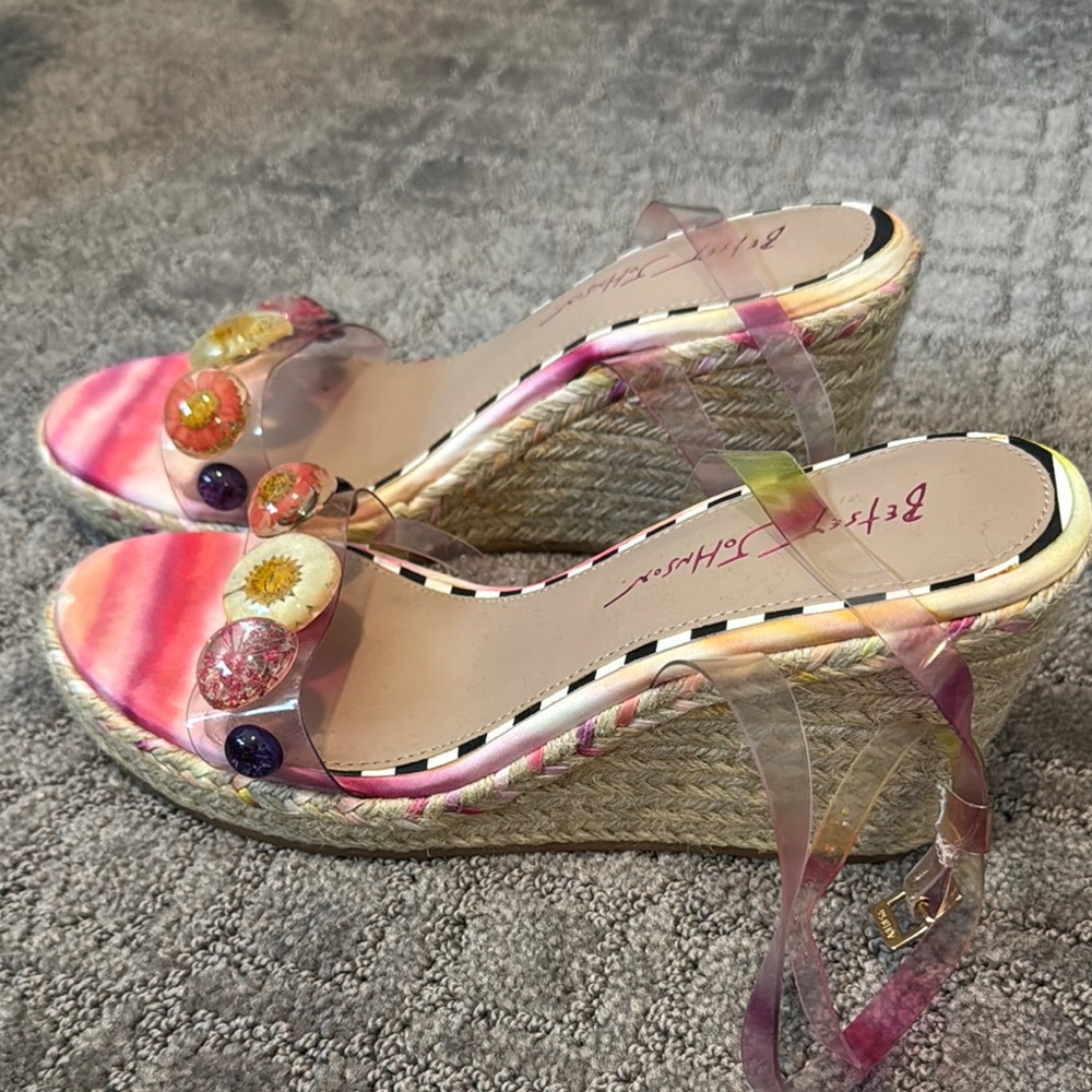 Betsey Johnson “Elli” Rope Wedge Sandals with Floral Accents
